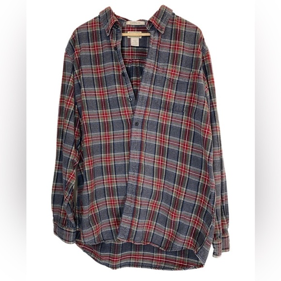 LL Bean red and gray plaid flannel button up shirt jacket shacket - Picture 2 of 5